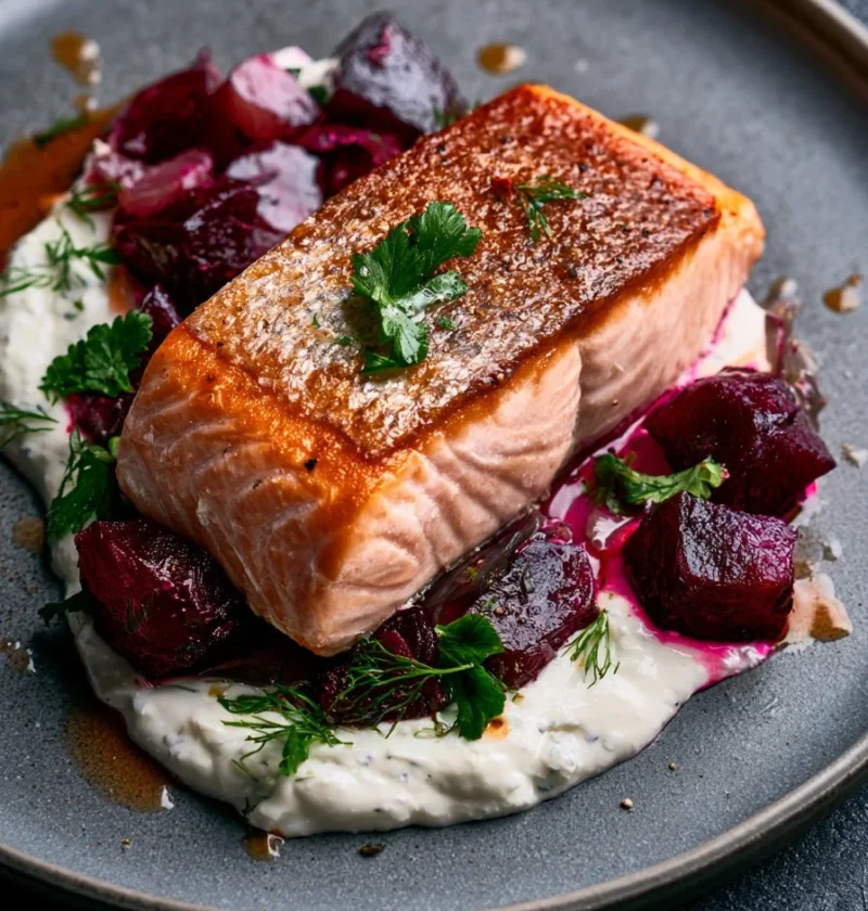 Salmone arrosto con barbabietola e rafano servito su un piatto elegante