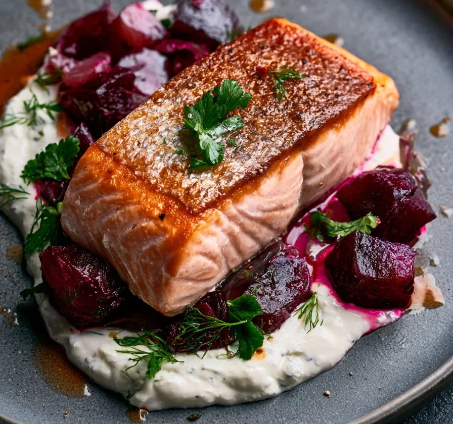 Salmone arrosto con barbabietola e rafano servito su un piatto elegante