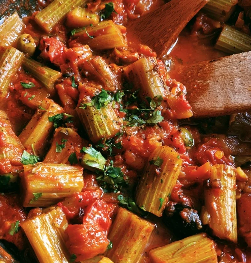 Sedano brasato con pomodoro e olive, un piatto gustoso e sano