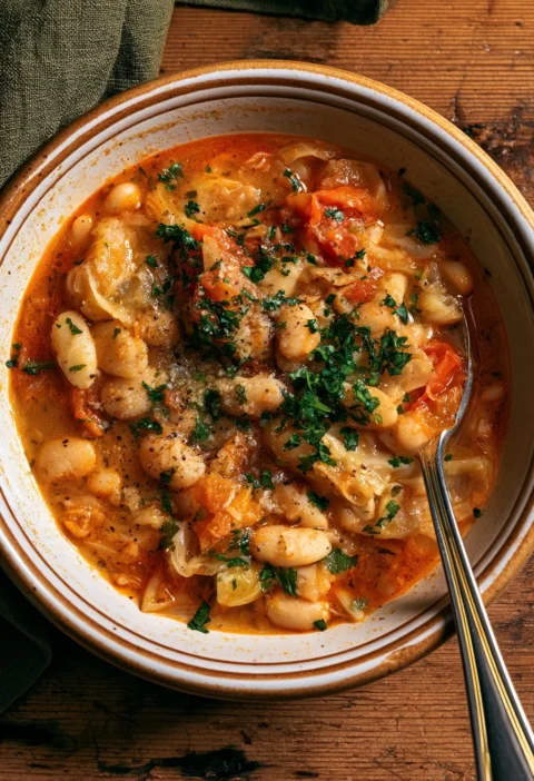 Stufato di Fagioli Bianchi con Cavolo e Limone Conservato in un piatto elegante.