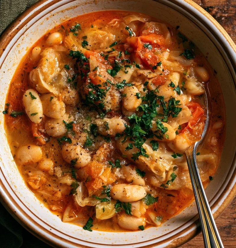 Stufato di Fagioli Bianchi con Cavolo e Limone Conservato in un piatto elegante.