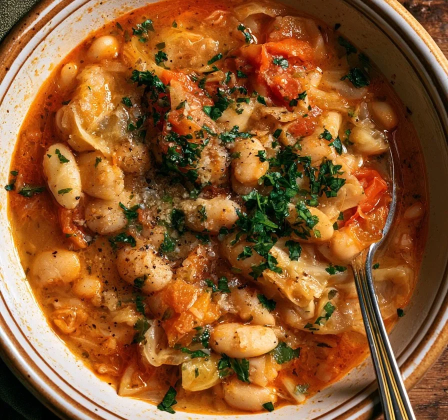 Stufato di Fagioli Bianchi con Cavolo e Limone Conservato in un piatto elegante.