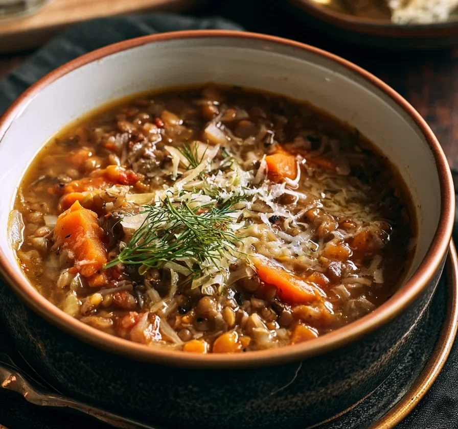 Stufato di lenticchie con finocchio e parmigiano in una ciotola