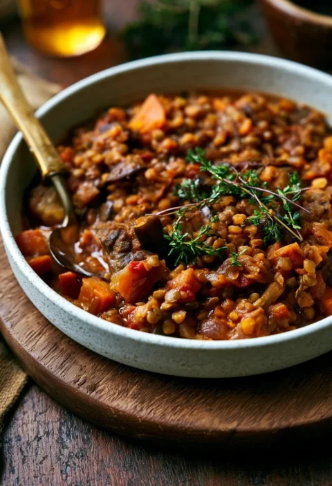 Stufato di Melanzane e Lenticchie Puy in una ciotola decorativa