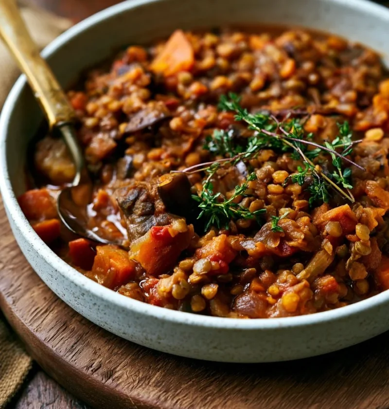 Stufato di Melanzane e Lenticchie Puy in una ciotola decorativa