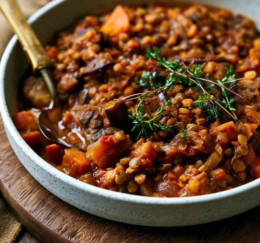 Stufato di Melanzane e Lenticchie Puy in una ciotola decorativa