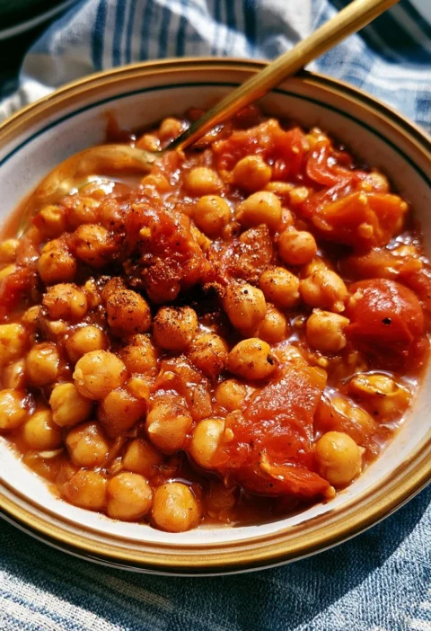 Piatto di stufato di pomodoro con ceci e cannella in una ciotola