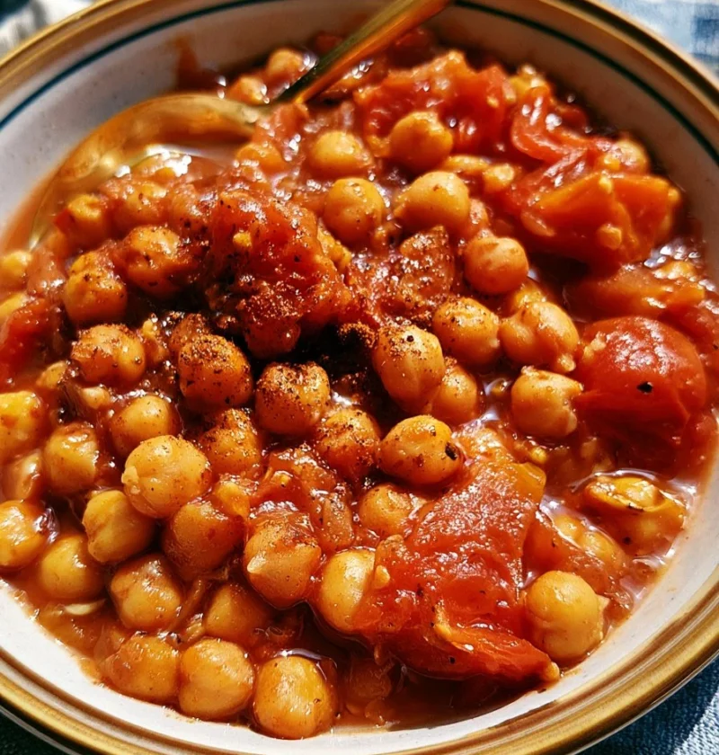 Piatto di stufato di pomodoro con ceci e cannella in una ciotola