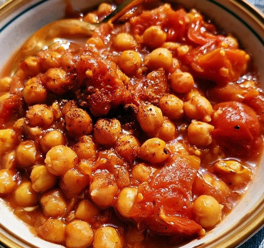 Piatto di stufato di pomodoro con ceci e cannella in una ciotola