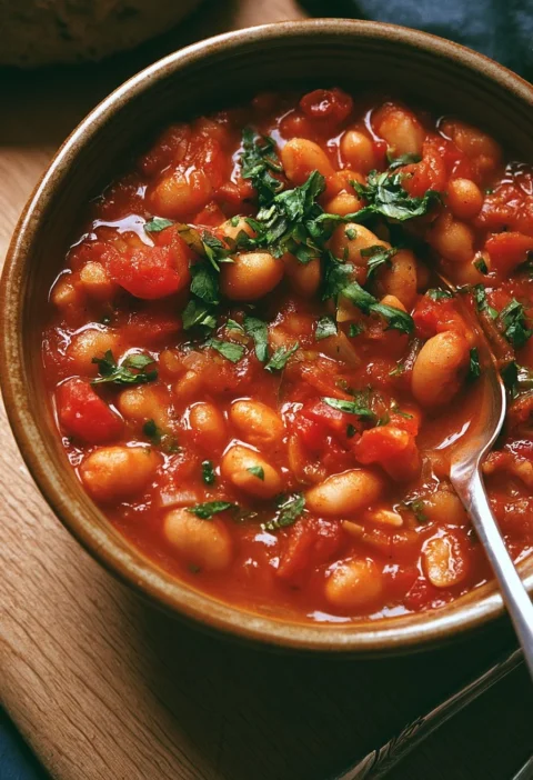 Stufato di pomodoro speziato con fagioli bianchi