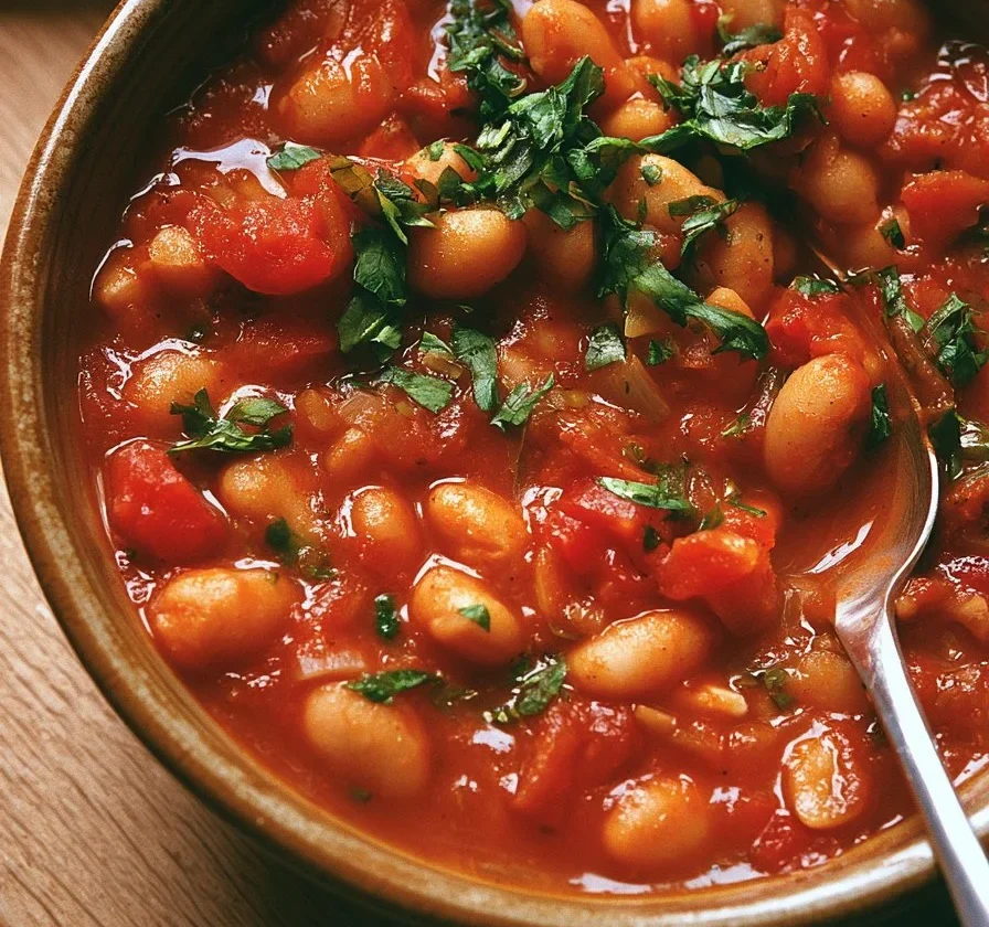 Stufato di pomodoro speziato con fagioli bianchi