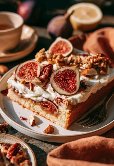 Torta di Fichi con Yogurt e Mandorle servita su un piatto