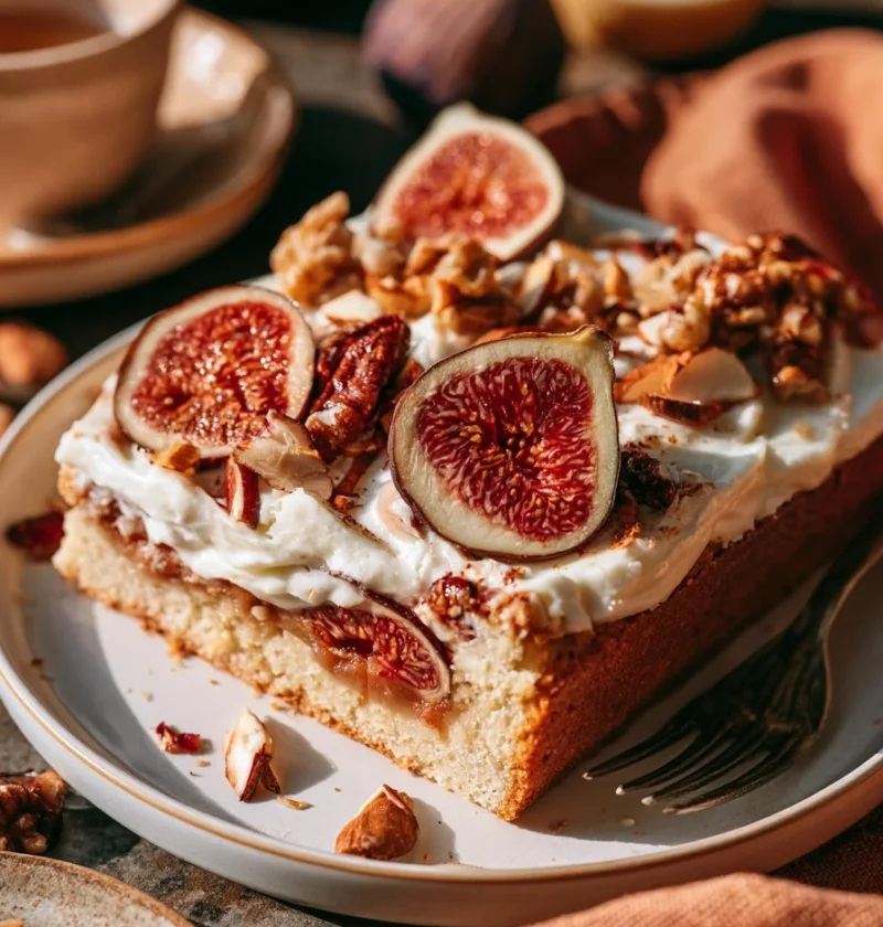 Torta di Fichi con Yogurt e Mandorle servita su un piatto