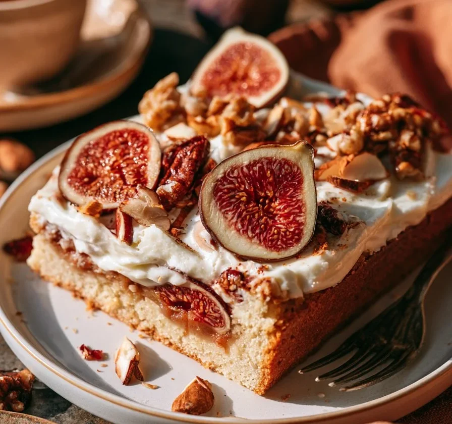 Torta di Fichi con Yogurt e Mandorle servita su un piatto