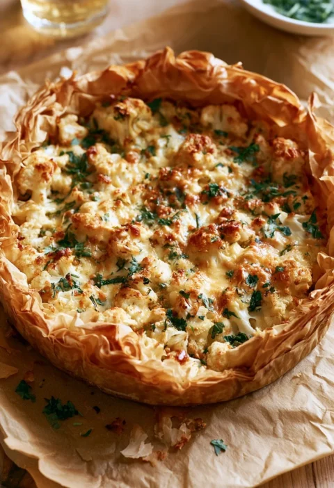 Fetta di Torta di Filo con Cavolfiore e Formaggio al Curry