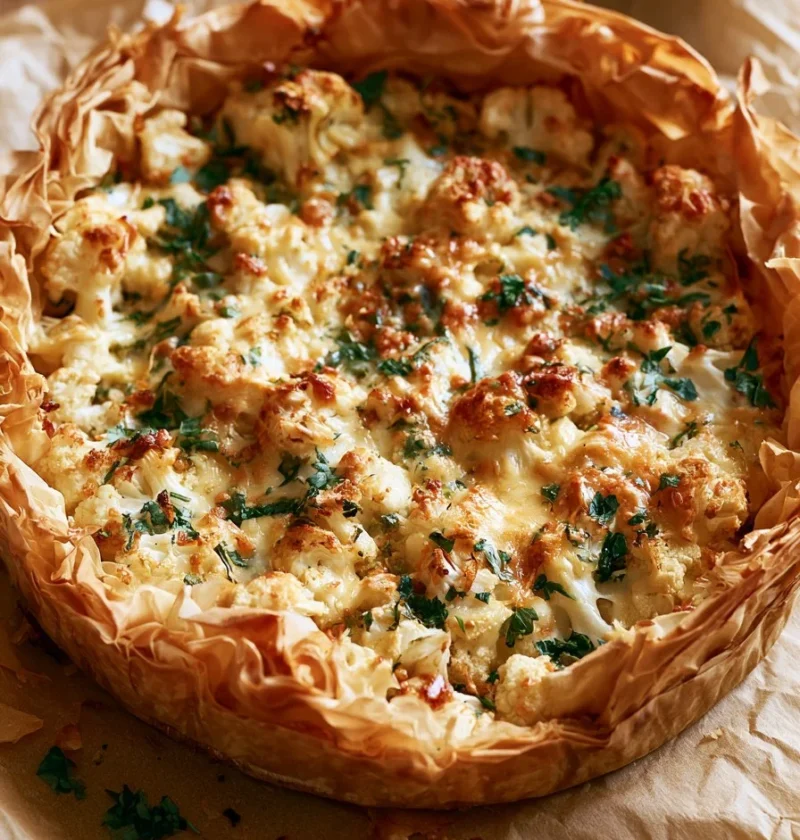 Fetta di Torta di Filo con Cavolfiore e Formaggio al Curry