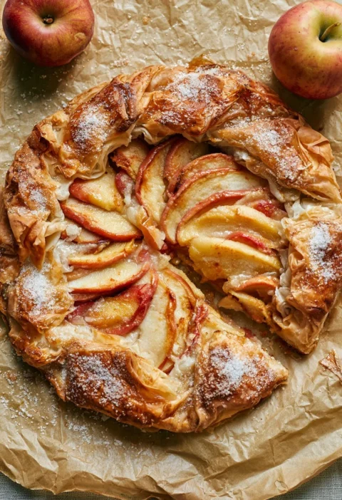 Torta di Filo di Mela e Quince appena sfornata con strati di pasta sottile.