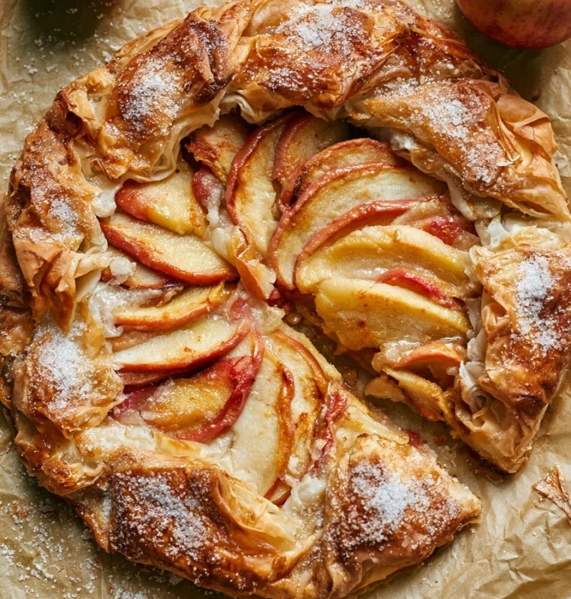 Torta di Filo di Mela e Quince appena sfornata con strati di pasta sottile.