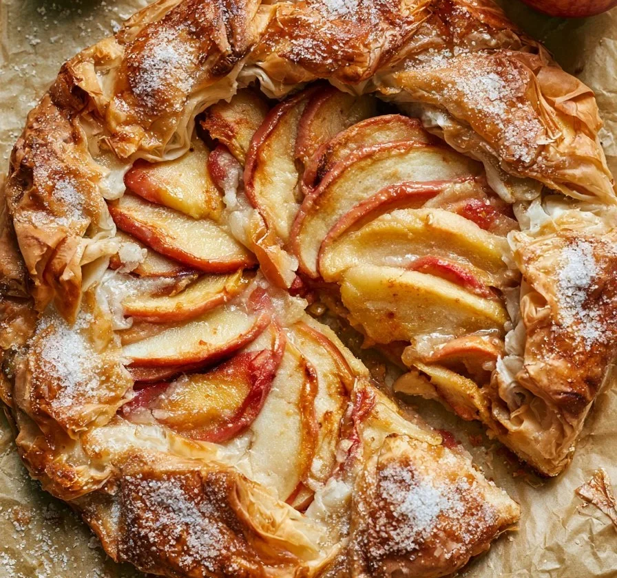 Torta di Filo di Mela e Quince appena sfornata con strati di pasta sottile.