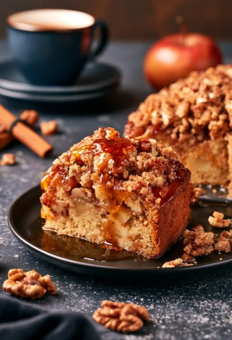 Torta di Mele e Acero con Sbriciolata alla Cannella su un piatto