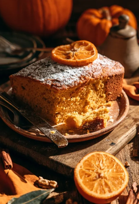 Torta di zucca con arancia e olio d'oliva su piatto decorato