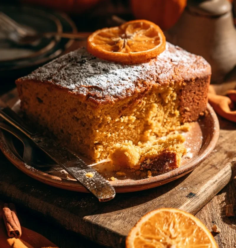 Torta di zucca con arancia e olio d'oliva su piatto decorato