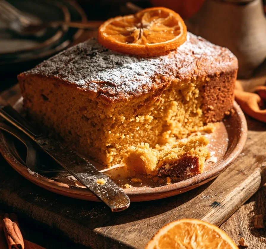 Torta di zucca con arancia e olio d'oliva su piatto decorato