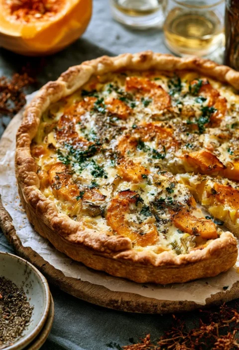 Fetta di torta di zucca butternut con porri e za’atar