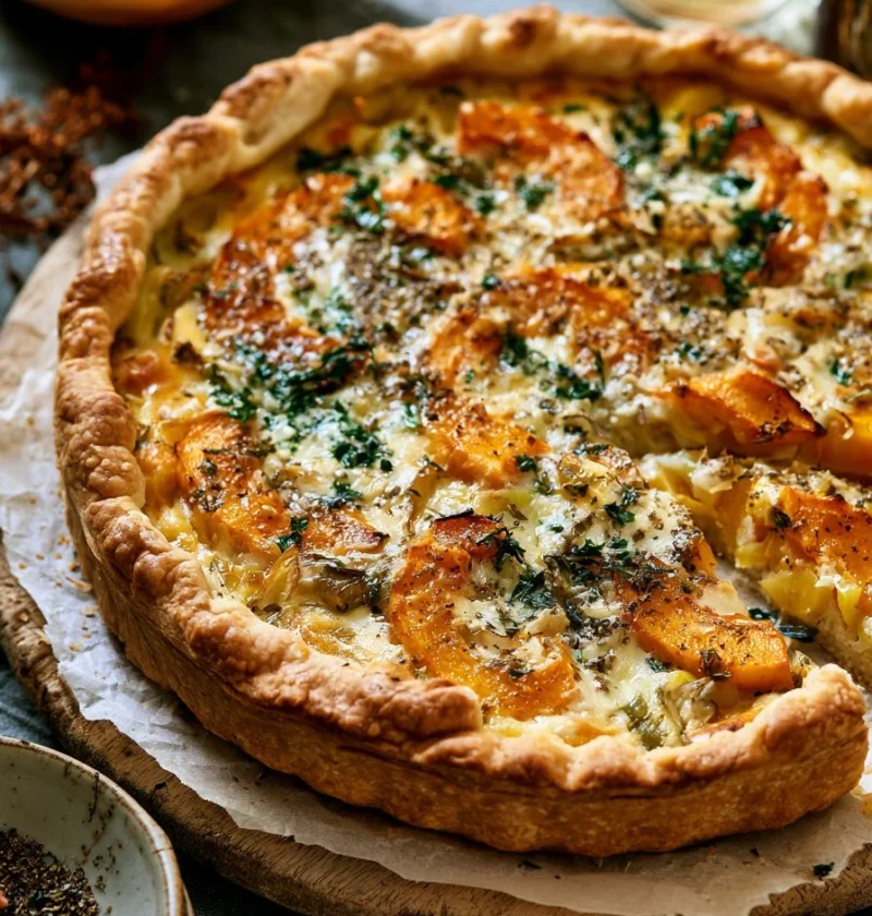Fetta di torta di zucca butternut con porri e za’atar
