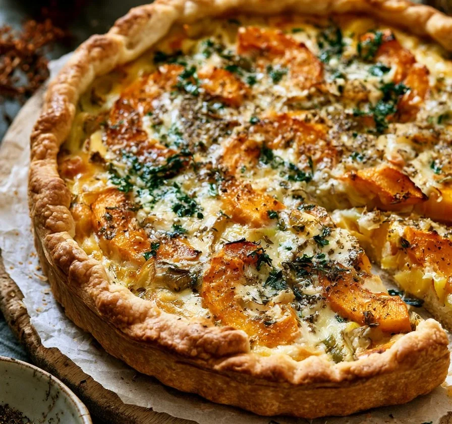 Fetta di torta di zucca butternut con porri e za’atar