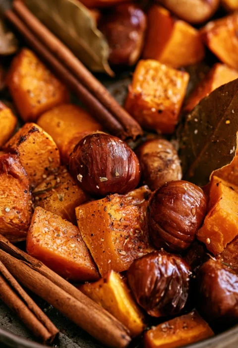 Zucca Arrosto con Castagne, Cannella e Alloro servita in un piatto