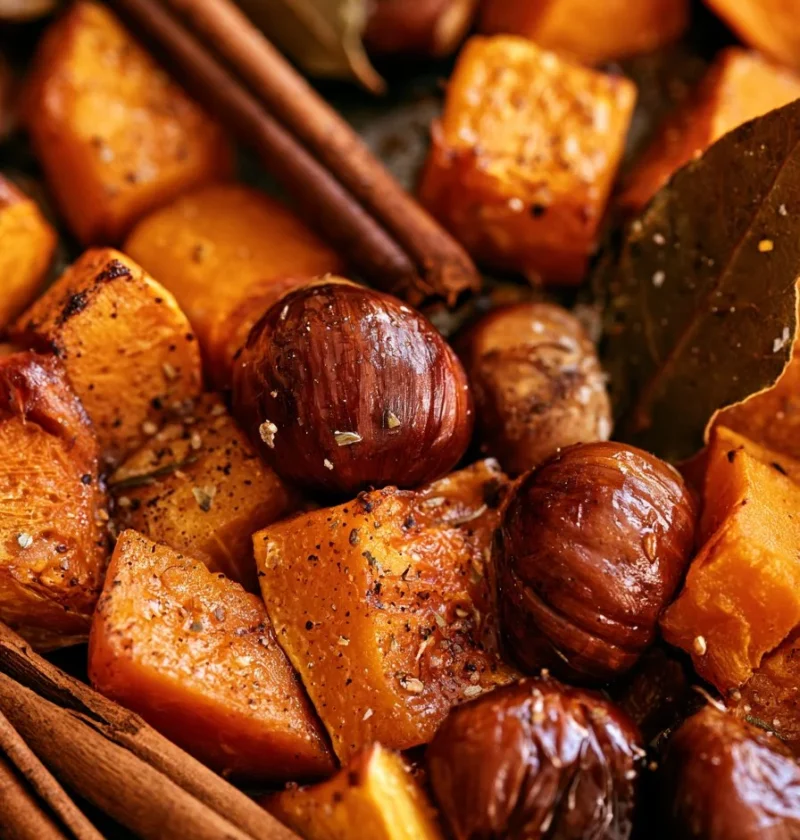 Zucca Arrosto con Castagne, Cannella e Alloro servita in un piatto