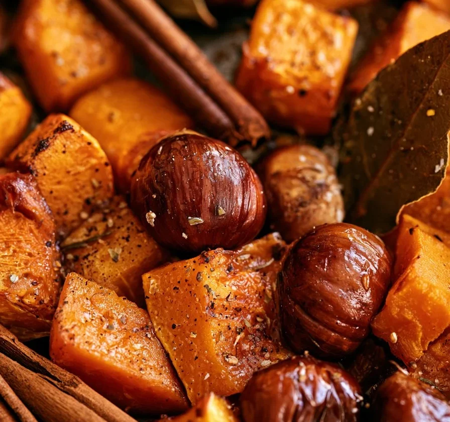 Zucca Arrosto con Castagne, Cannella e Alloro servita in un piatto