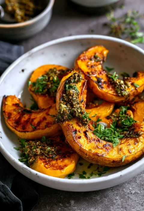 Zucche arrosto con pesto di semi di zucca e erbe aromatiche