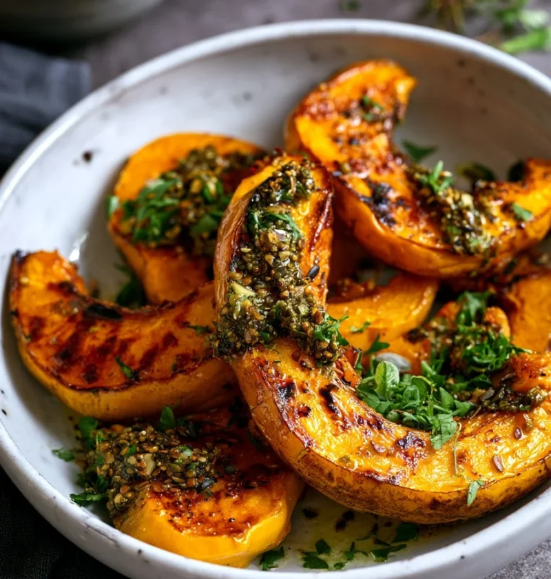 Zucche arrosto con pesto di semi di zucca e erbe aromatiche
