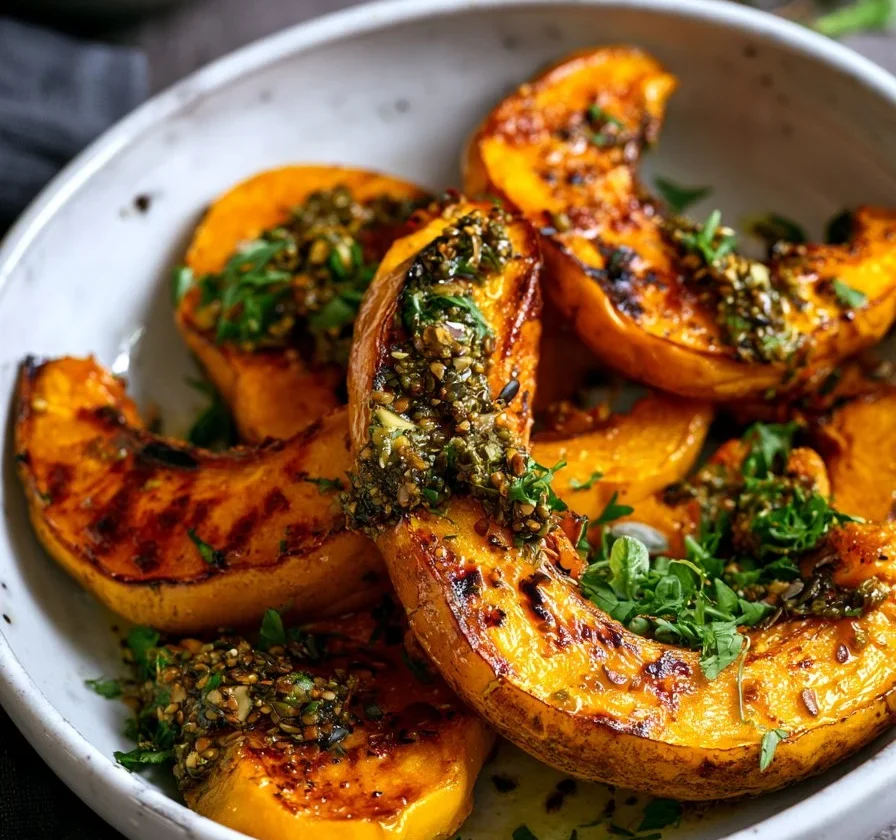 Zucche arrosto con pesto di semi di zucca e erbe aromatiche