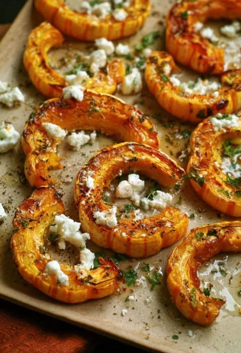 Zucche Delicata arrosto con feta ed erbe, un piatto sano e appetitoso.