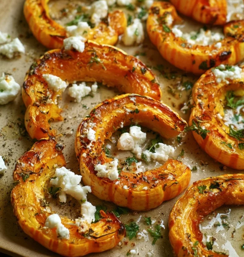 Zucche Delicata arrosto con feta ed erbe, un piatto sano e appetitoso.