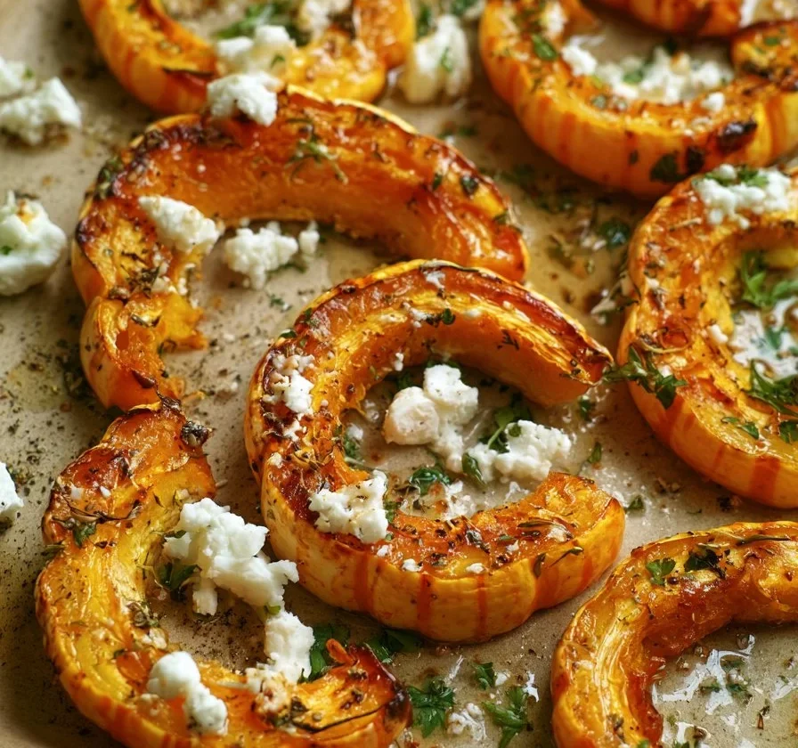 Zucche Delicata arrosto con feta ed erbe, un piatto sano e appetitoso.