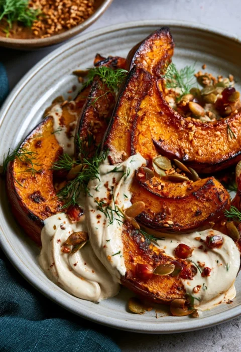 Zucchetta Arrosto con Harissa e Salsa di Tahini e Lime in un piatto decorativo.