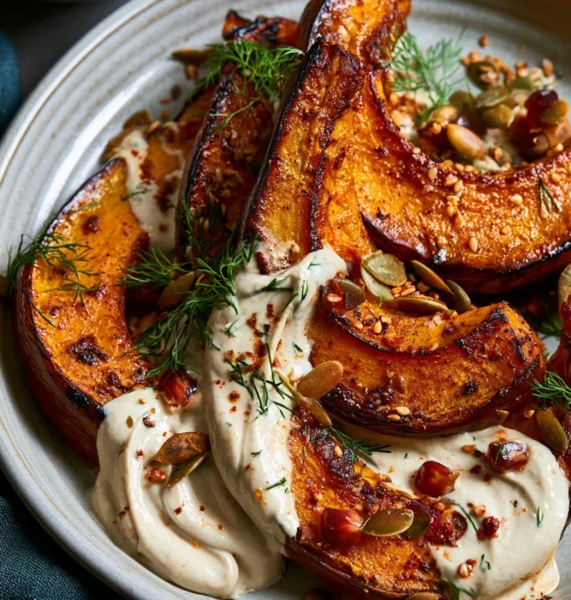 Zucchetta Arrosto con Harissa e Salsa di Tahini e Lime in un piatto decorativo.