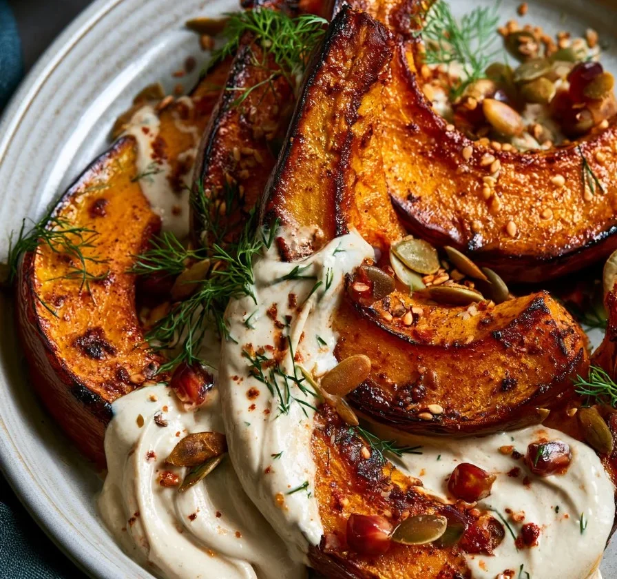 Zucchetta Arrosto con Harissa e Salsa di Tahini e Lime in un piatto decorativo.