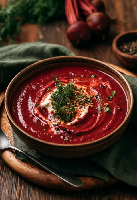 Piatto di Zuppa di Barbabietole e Lenticchie Tostate servito in una ciotola