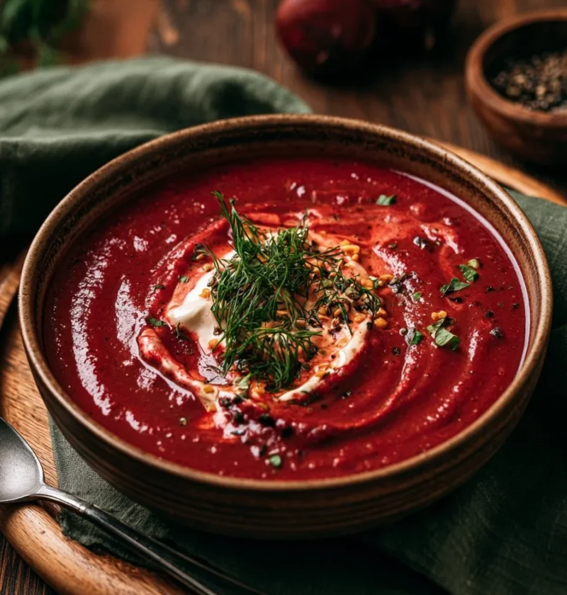 Piatto di Zuppa di Barbabietole e Lenticchie Tostate servito in una ciotola