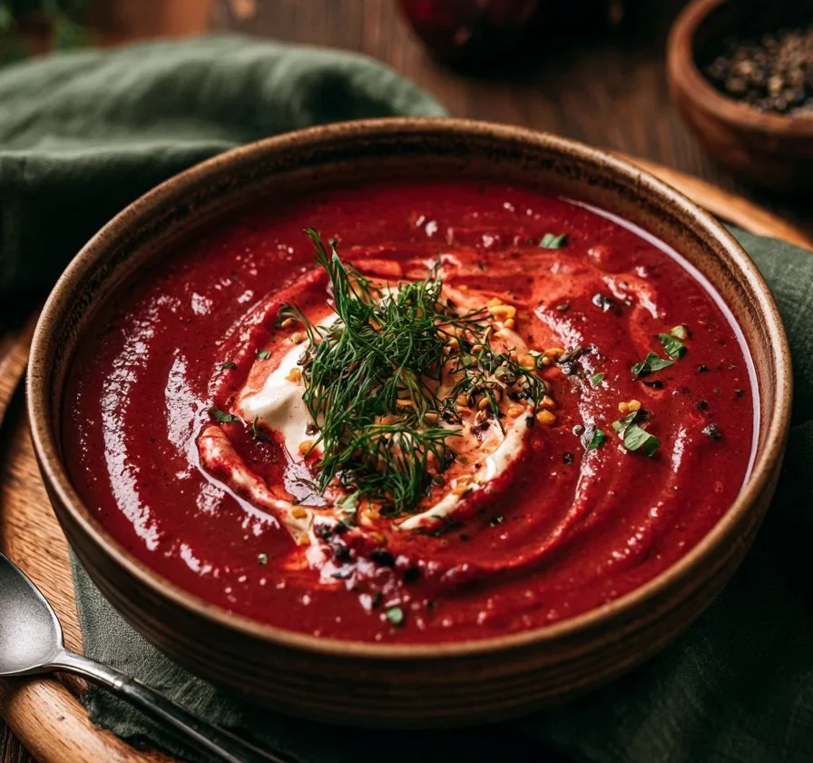 Piatto di Zuppa di Barbabietole e Lenticchie Tostate servito in una ciotola