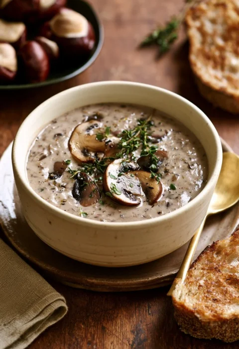 Zuppa di Castagne con Funghi e Timo servita in una ciotola calda