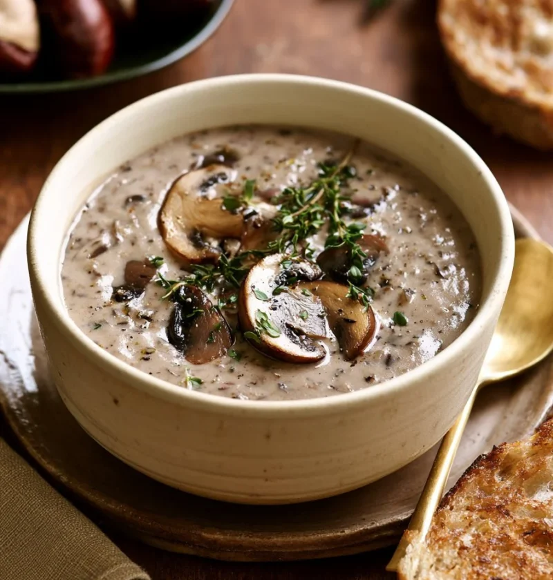 Zuppa di Castagne con Funghi e Timo servita in una ciotola calda
