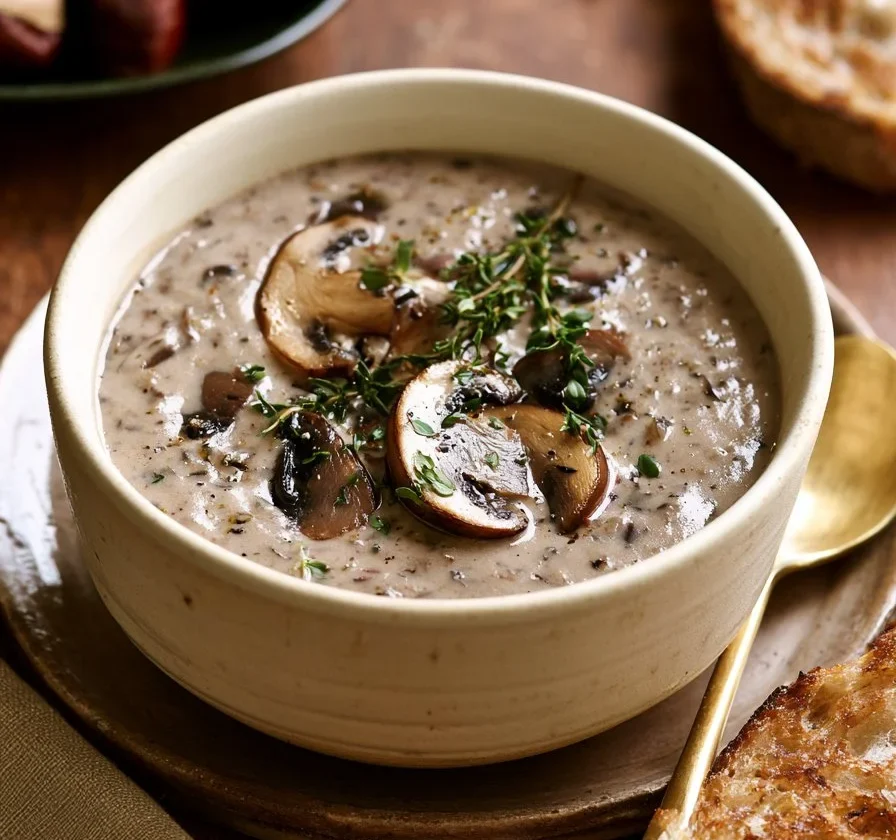 Zuppa di Castagne con Funghi e Timo servita in una ciotola calda