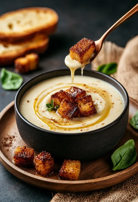 Zuppa di cavolfiore cremosa con crostini al miele servita in una ciotola