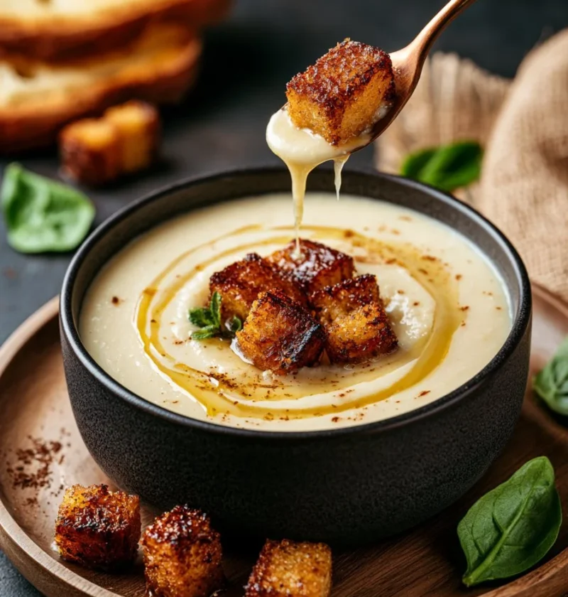 Zuppa di cavolfiore cremosa con crostini al miele servita in una ciotola